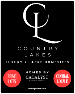 Brand hero: black background with a large white Q-style logo, 'COUNTRY LAKES' text, and red circular callouts reading 'Prime Lots' and 'Central Locale' with the site at the bottom.